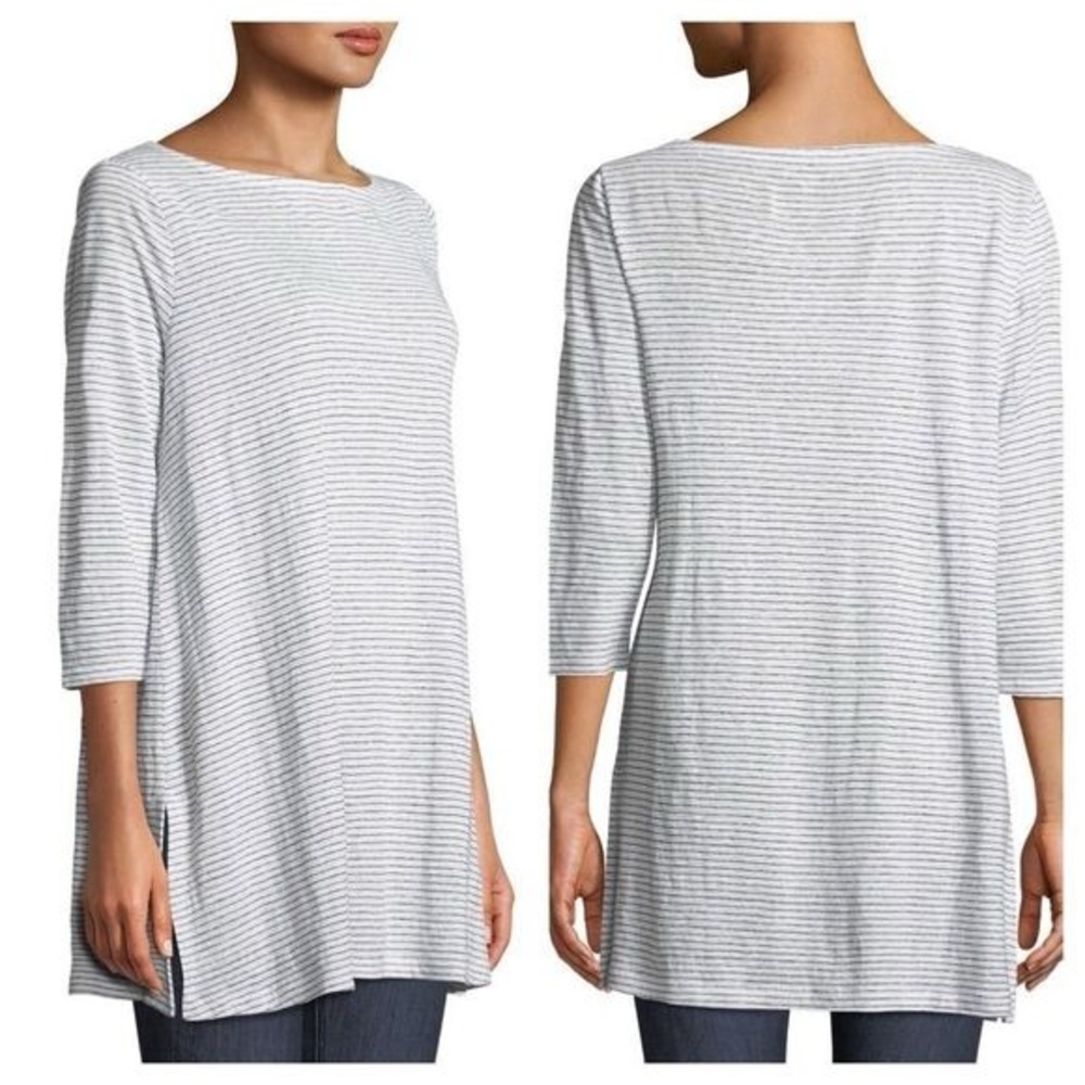 Eileen Fisher. Linen Blend Mini Stripe Tunic. Gray/White. Size Large.